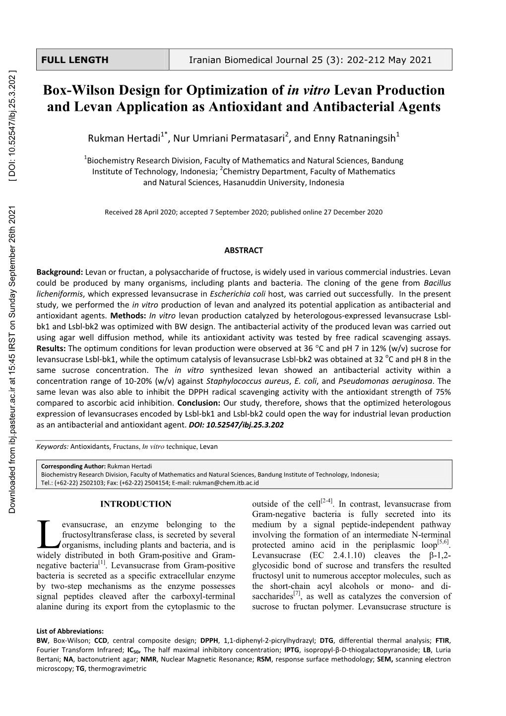 Box-Wilson Design for Optimization of in Vitro Levan Production and Levan Application As Antioxidant and Antibacterial Agents