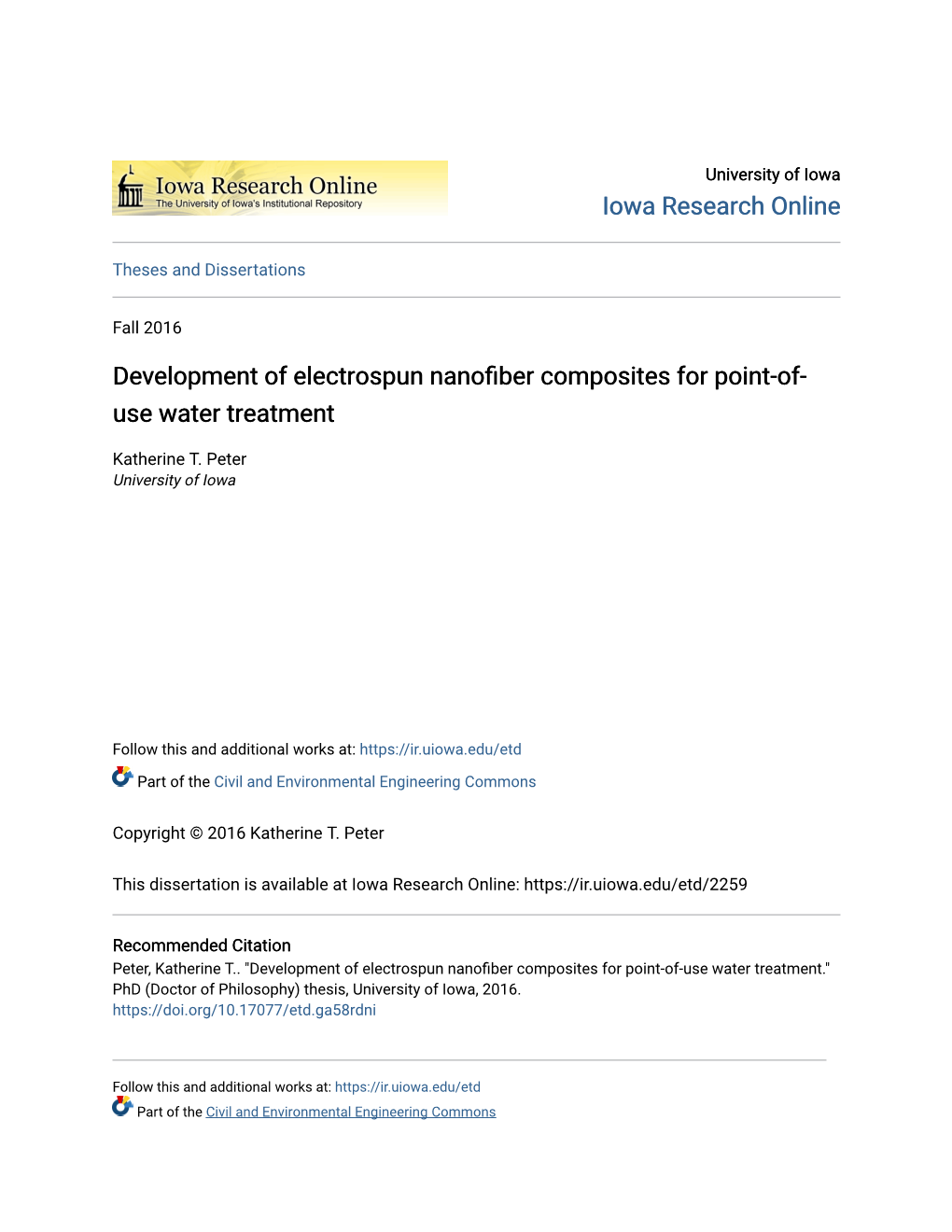 Development of Electrospun Nanofiber Composites for Point-Of-Use Water Treatment.