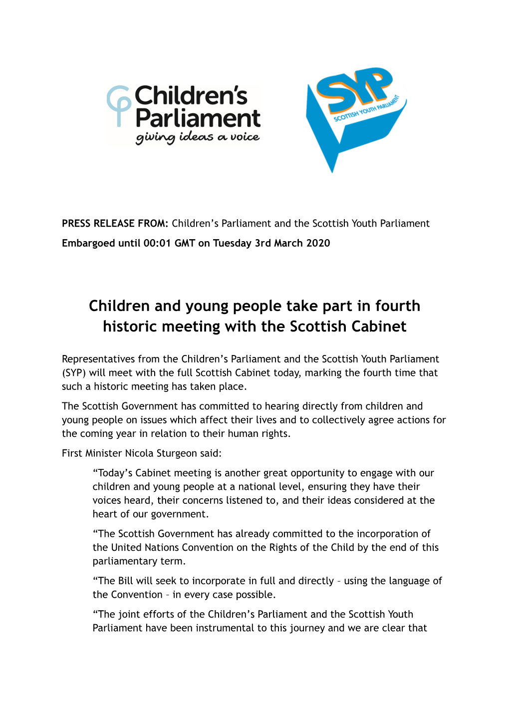 Children and Young People Take Part in Fourth Historic Meeting with the Scottish Cabinet