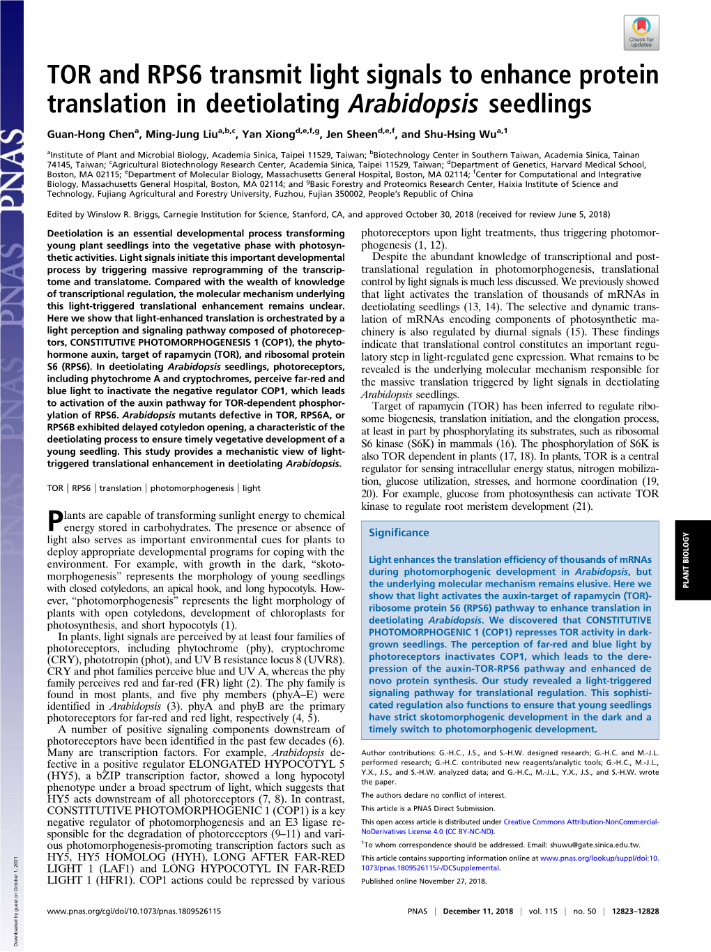 TOR and RPS6 Transmit Light Signals to Enhance Protein Translation in Deetiolating Arabidopsis Seedlings