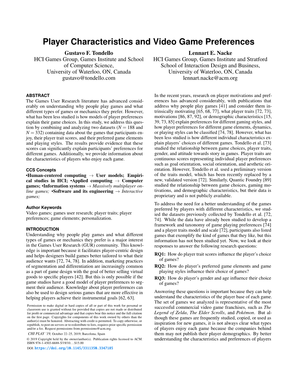 Player Characteristics and Video Game Preferences Gustavo F