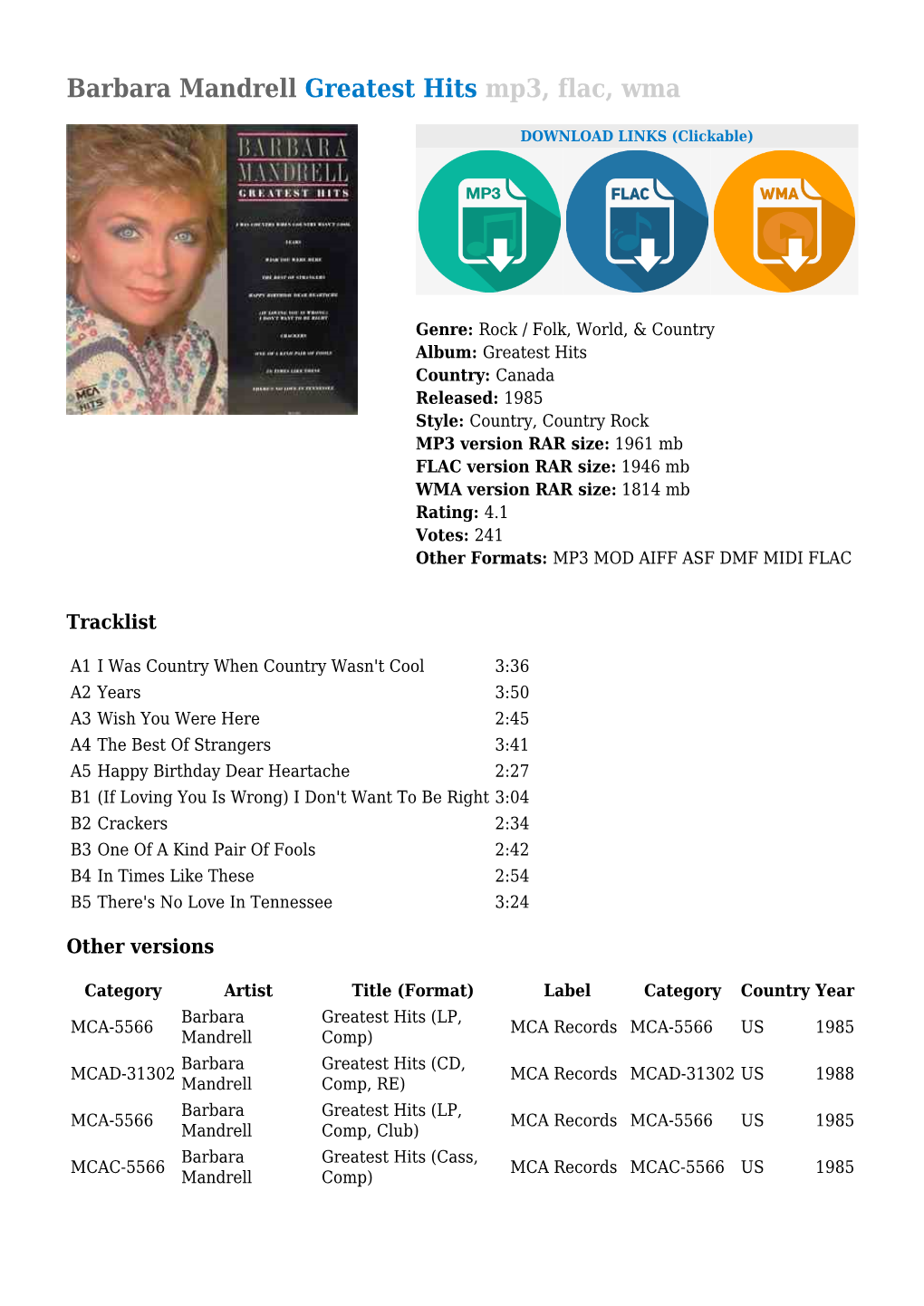 Barbara Mandrell Greatest Hits Mp3, Flac, Wma