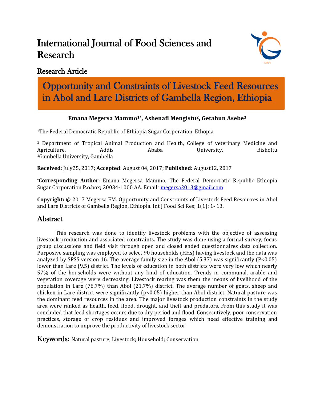 Opportunity and Constraints of Livestock Feed Resources in Abol and Lare Districts of Gambella Region, Ethiopia