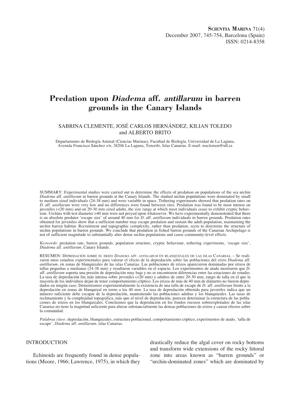 Predation Upon Diadema Aff. Antillarum in Barren Grounds in the Canary Islands