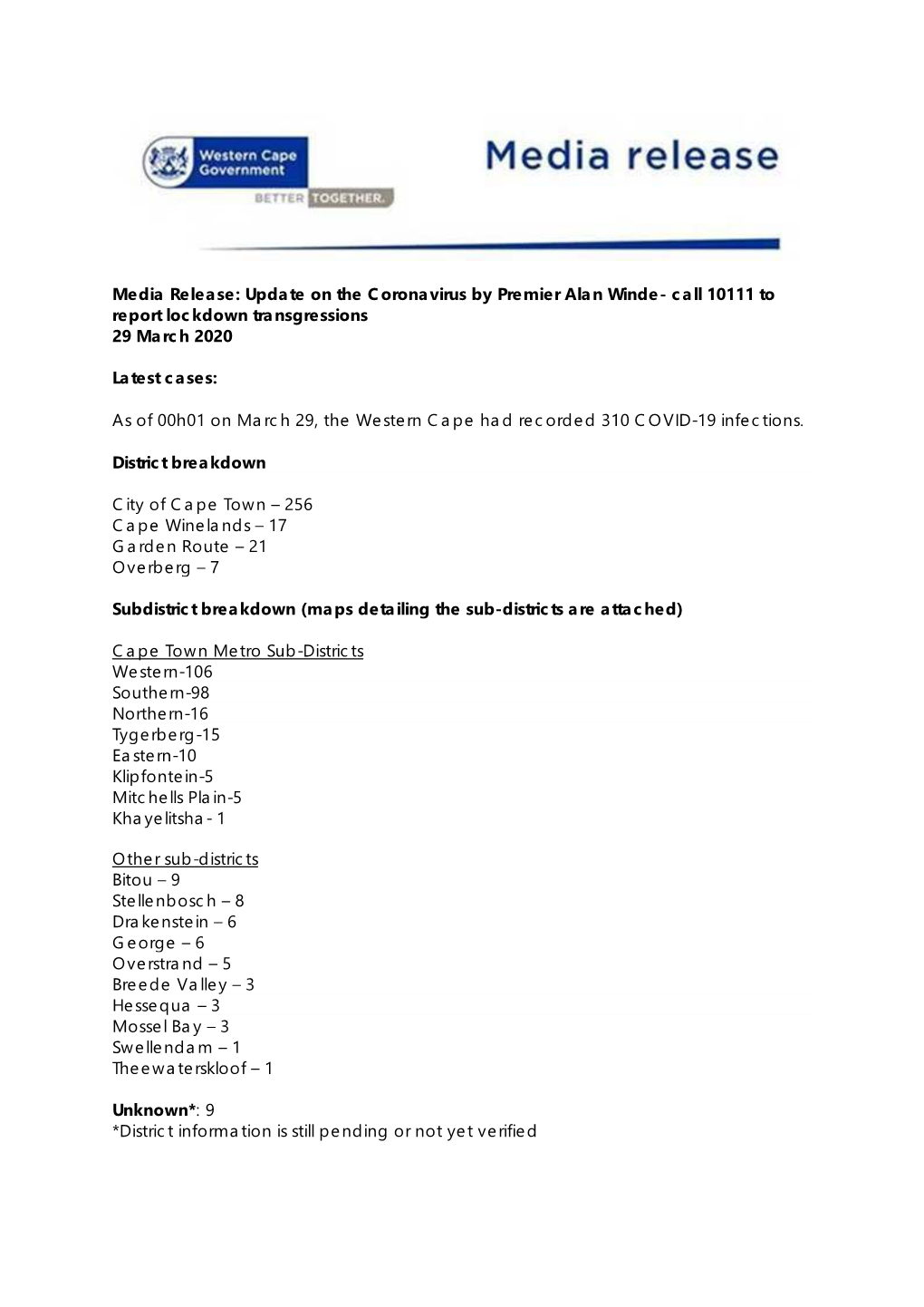 Update on the Coronavirus by Premier Alan Winde- Call 10111 to Report Lockdown Transgressions 29 March 2020