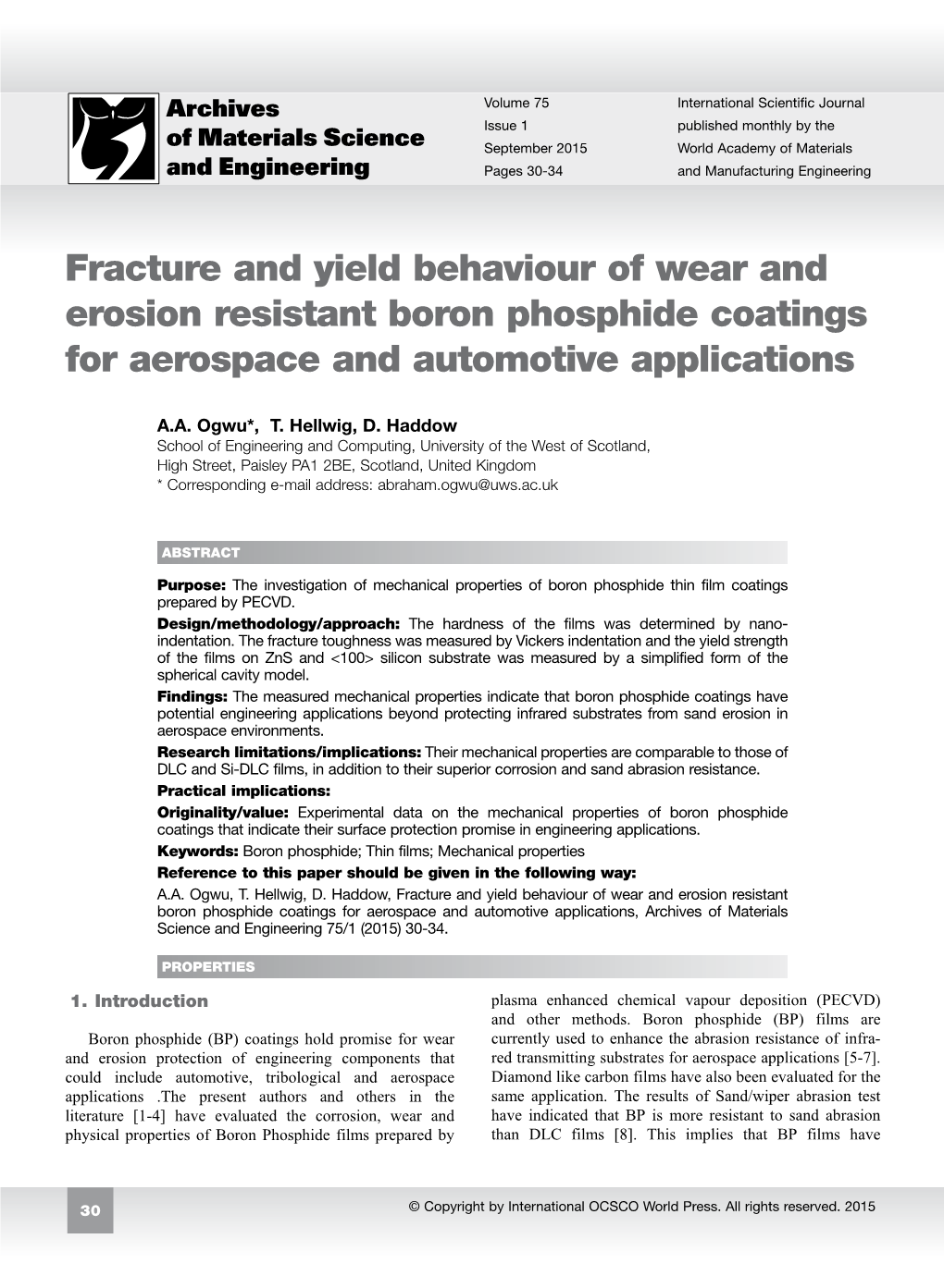 Fracture and Yield Behaviour of Wear and Erosion Resistant Boron Phosphide Coatings for Aerospace and Automotive Applications