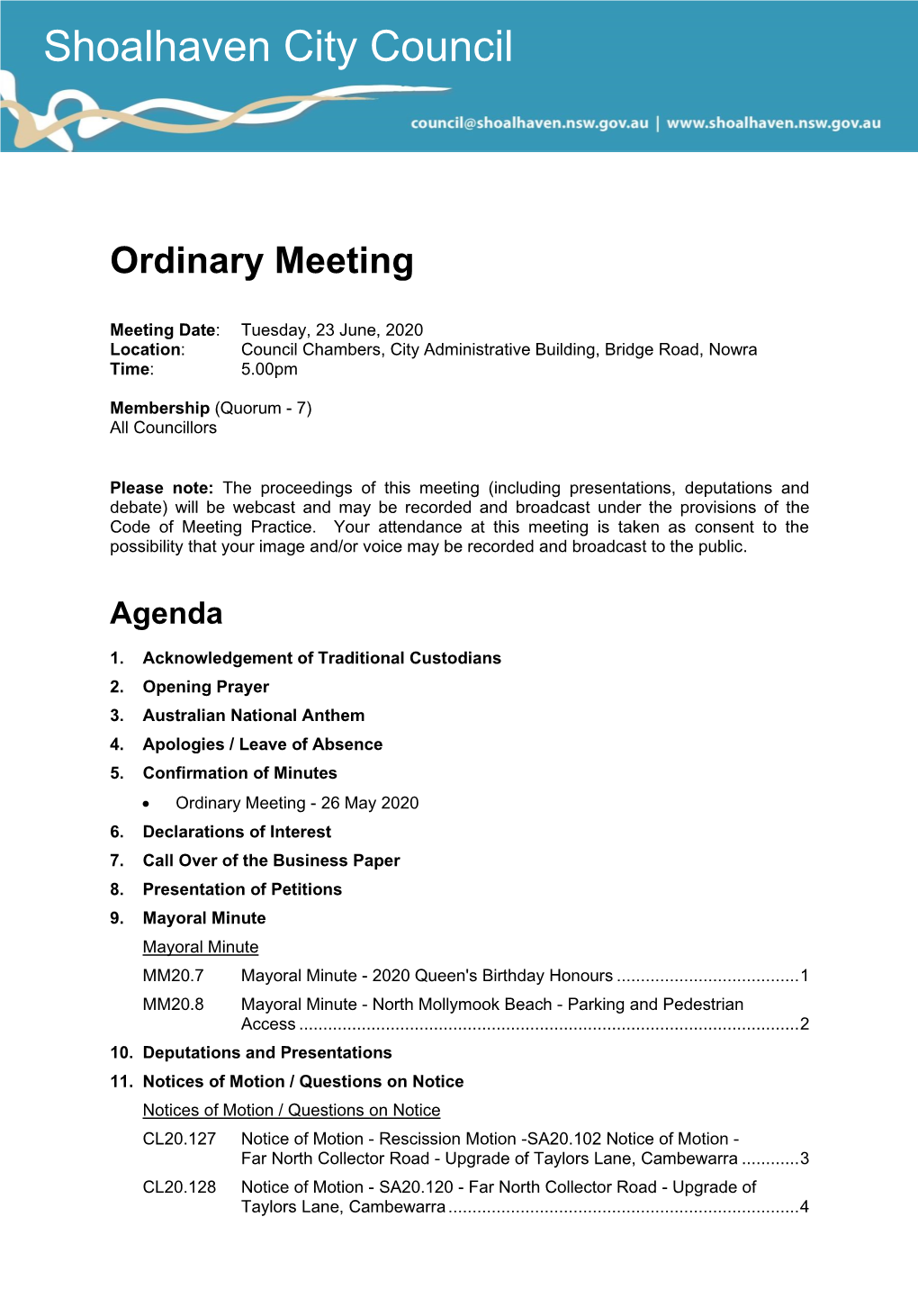 Agenda of Ordinary Meeting