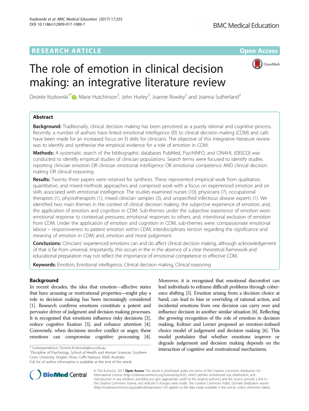 The Role of Emotion in Clinical Decision Making: an Integrative