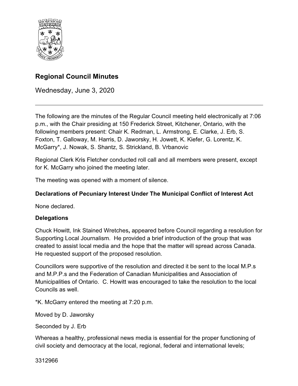 Regional Council Minutes Wednesday, June 3, 2020