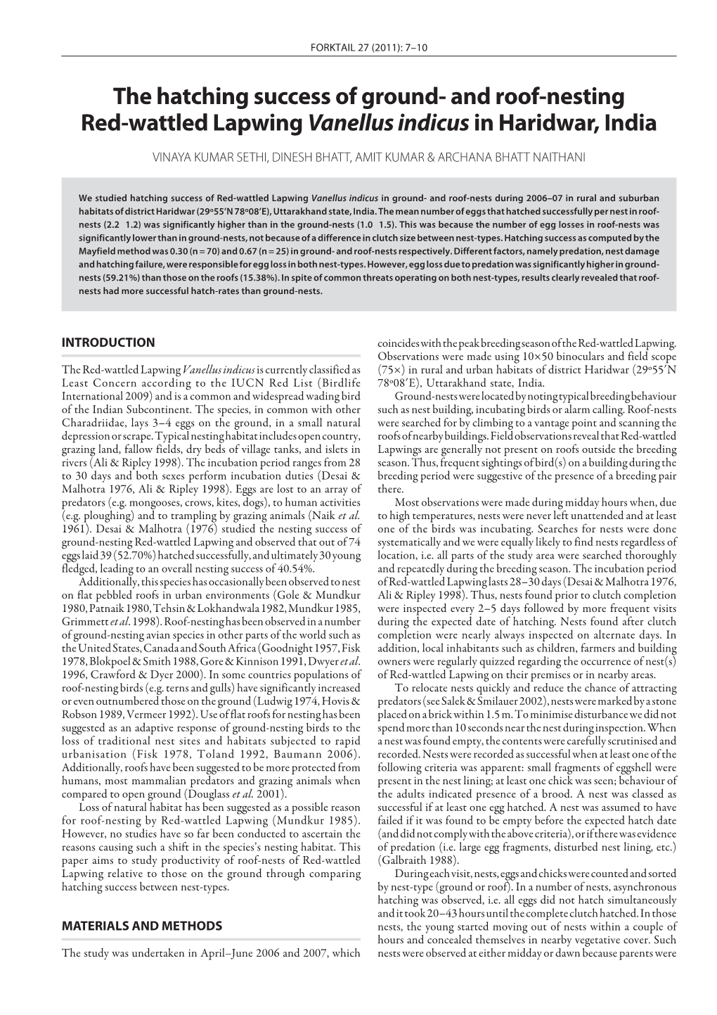 The Hatching Success of Ground- and Roof-Nesting Red-Wattled Lapwing Vanellus Indicus in Haridwar, India