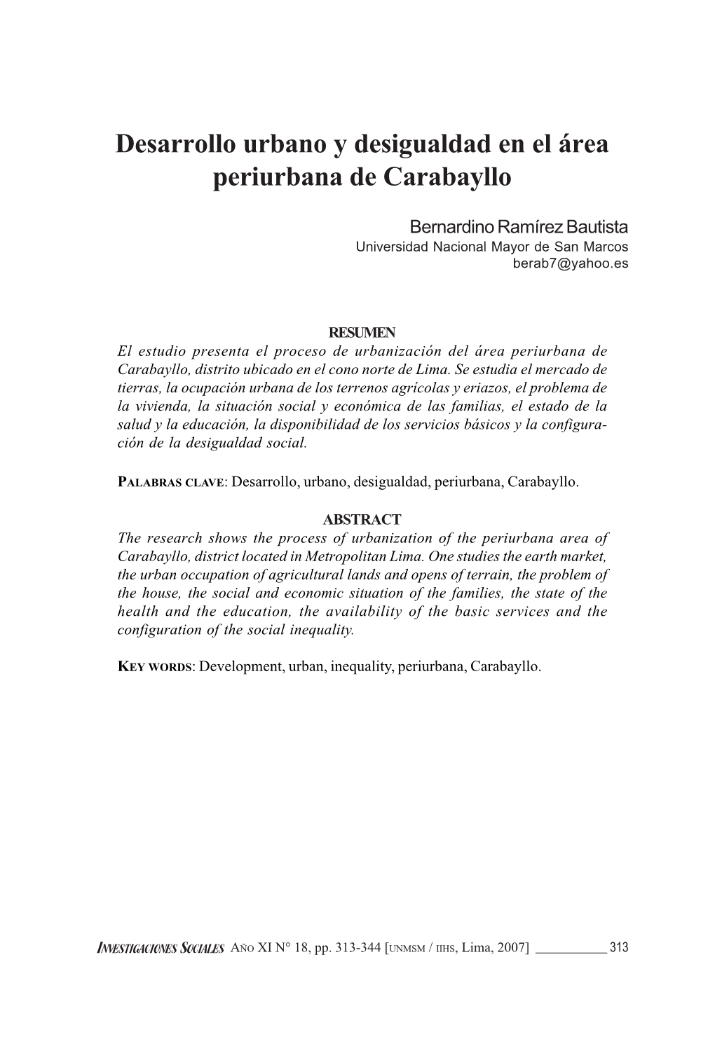 Desarrollo Urbano Y Desigualdad En El Área Periurbana De Carabayllo