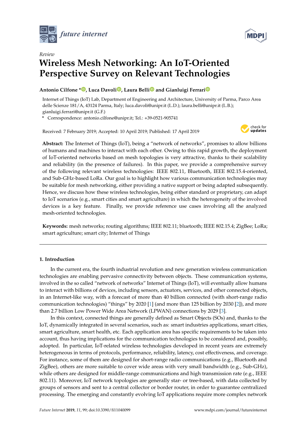 Wireless Mesh Networking: an Iot-Oriented Perspective Survey on Relevant Technologies