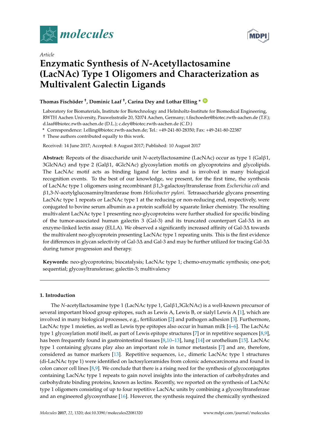 Enzymatic Synthesis of N-Acetyllactosamine (Lacnac) Type 1 Oligomers and Characterization As Multivalent Galectin Ligands