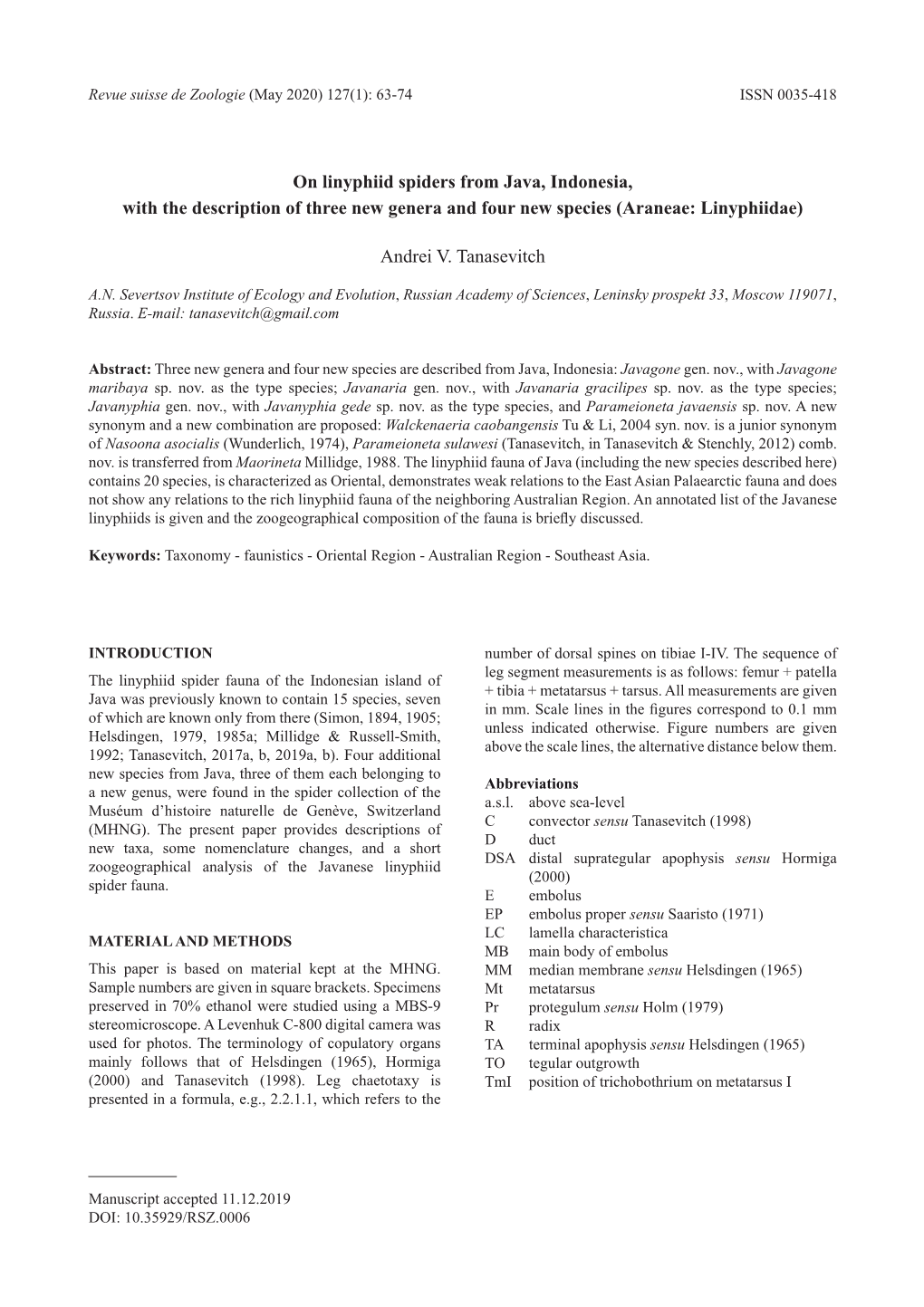 On Linyphiid Spiders from Java, Indonesia, with the Description of Three New Genera and Four New Species (Araneae: Linyphiidae)