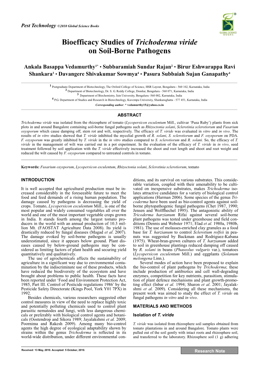 Bioefficacy Studies of Trichoderma Viride on Soil-Borne Pathogens