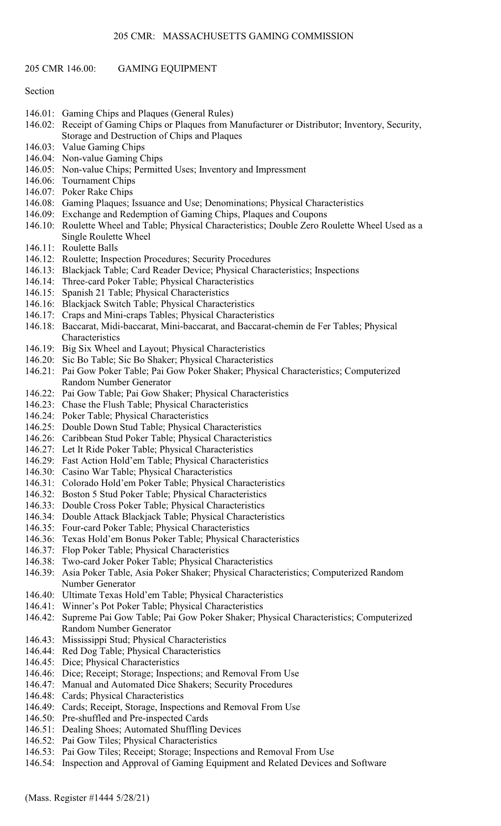Massachusetts Gaming Commission 205 Cmr 146.00