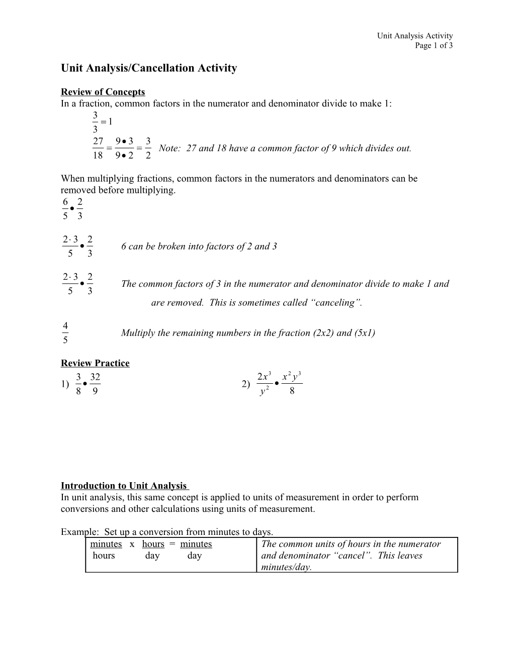 Unit Analysis Activity