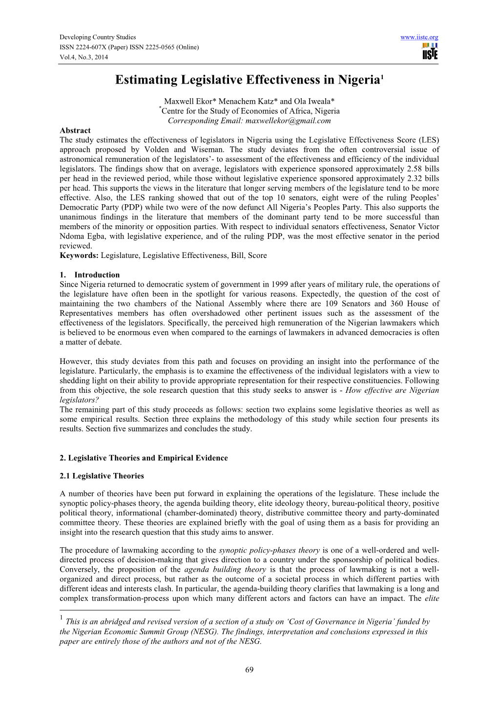 Estimating Legislative Effectiveness in Nigeria1