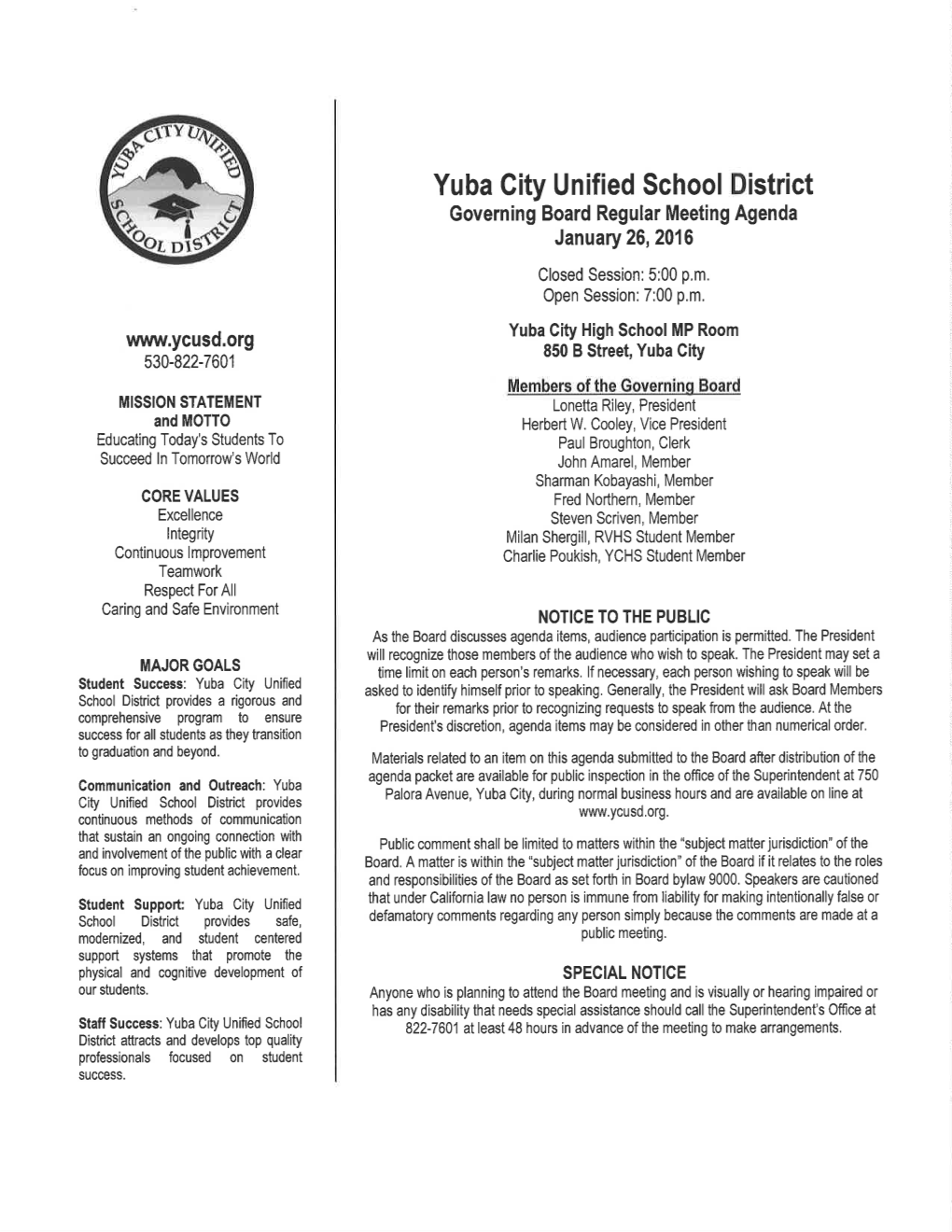 Yuba City Unified School District Governing Board Regular Meeting Agenda January 26,2016