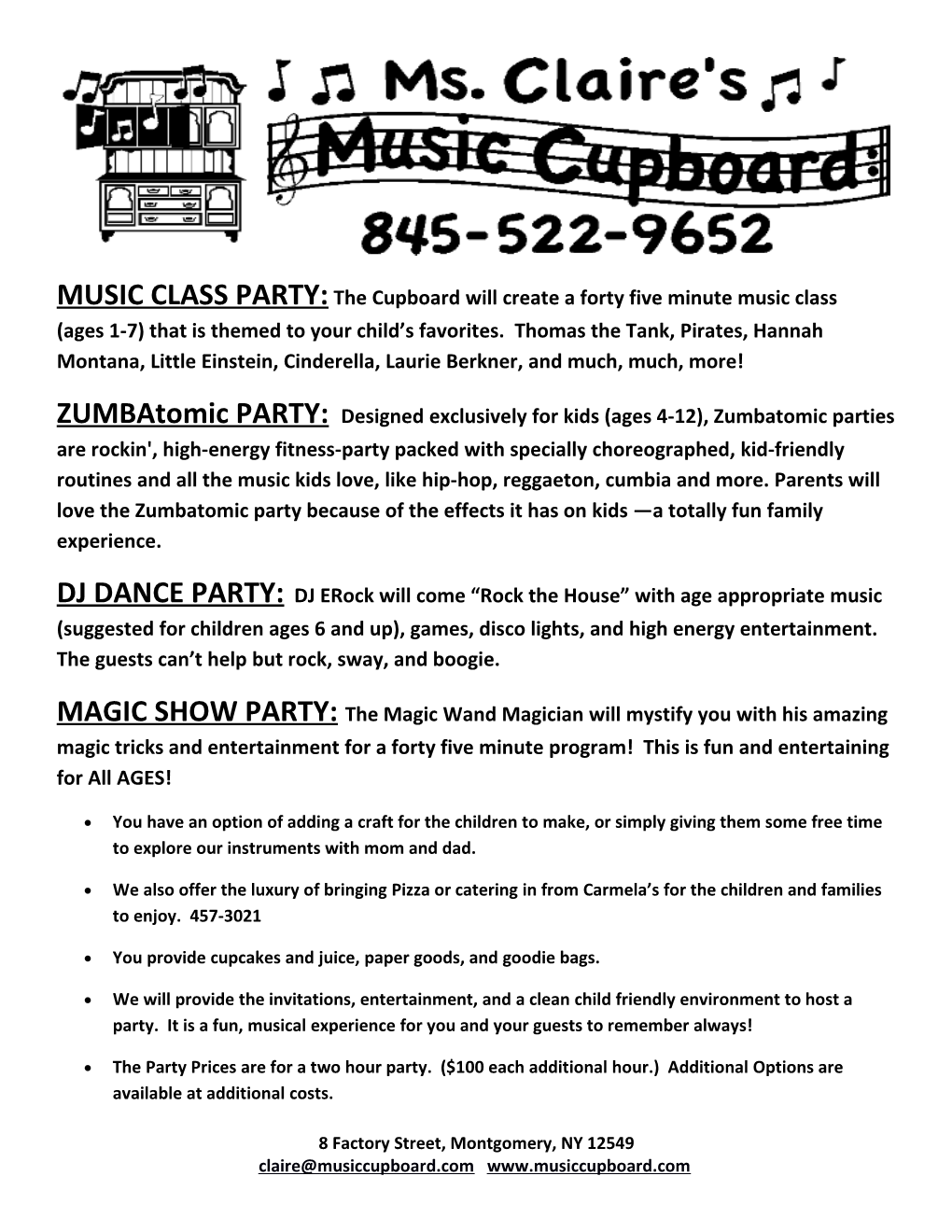 MUSIC CLASS PARTY: the Cupboard Will Create a Forty Five Minute Music Class (Ages 1-7)