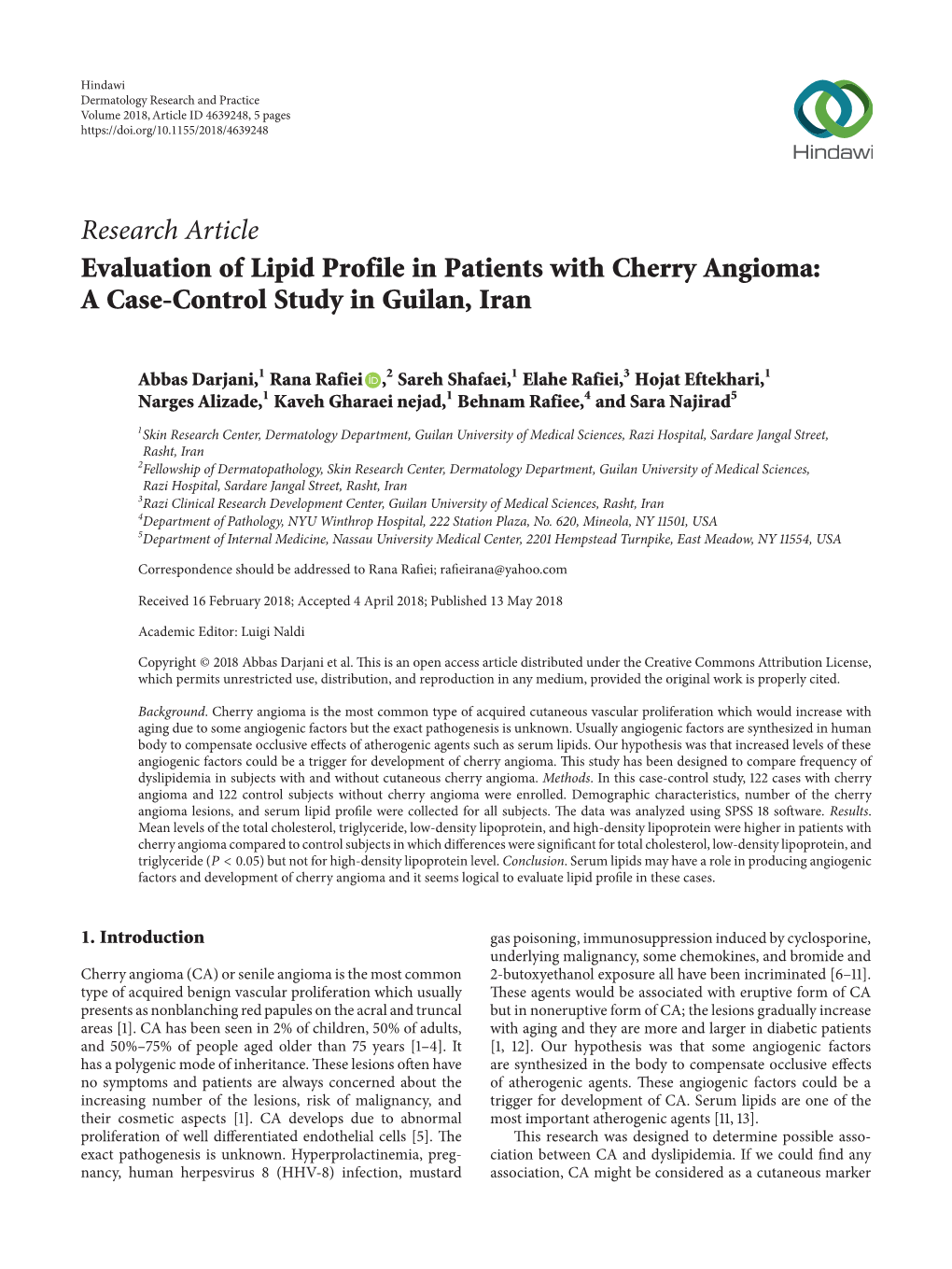 Evaluation of Lipid Profile in Patients with Cherry Angioma: a Case-Control Study in Guilan, Iran