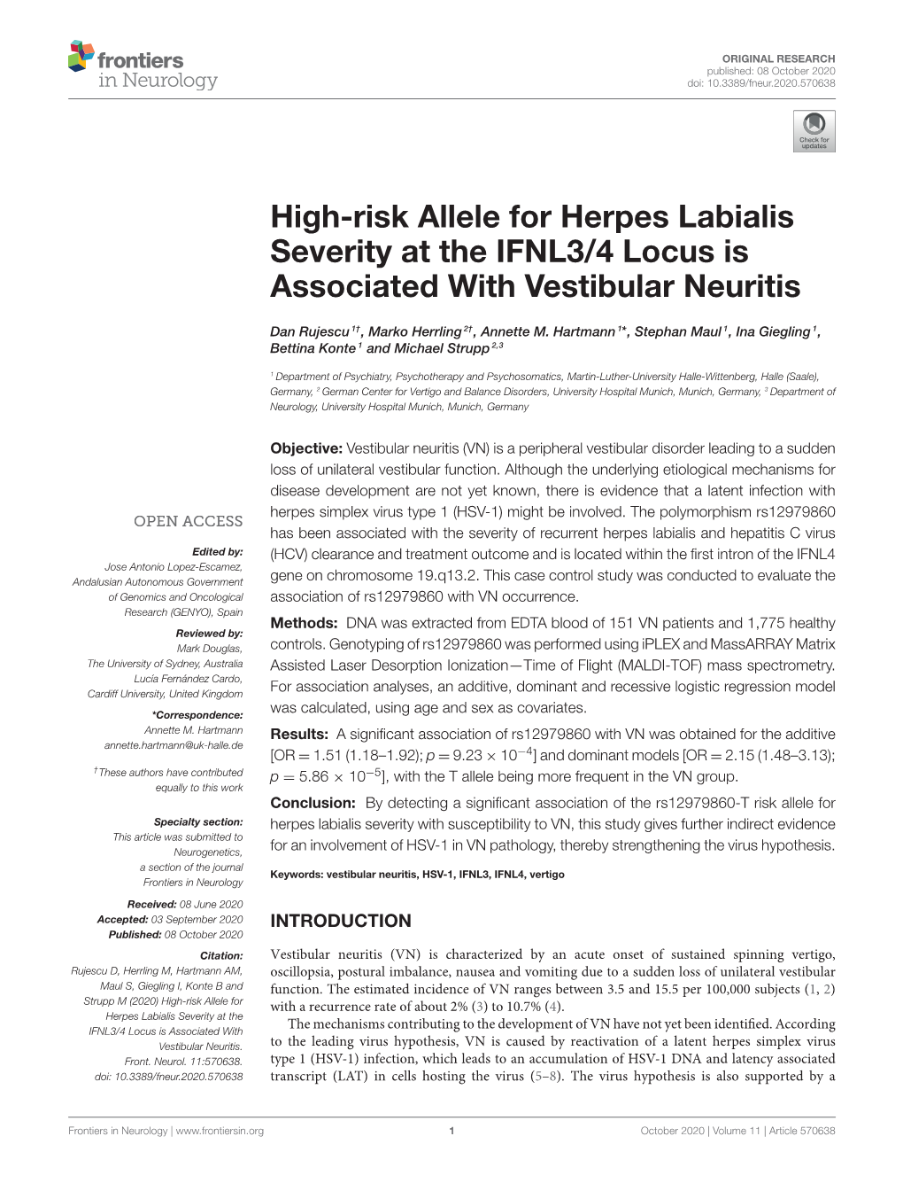 High-Risk Allele for Herpes Labialis Severity at the IFNL3/4 Locus Is Associated with Vestibular Neuritis