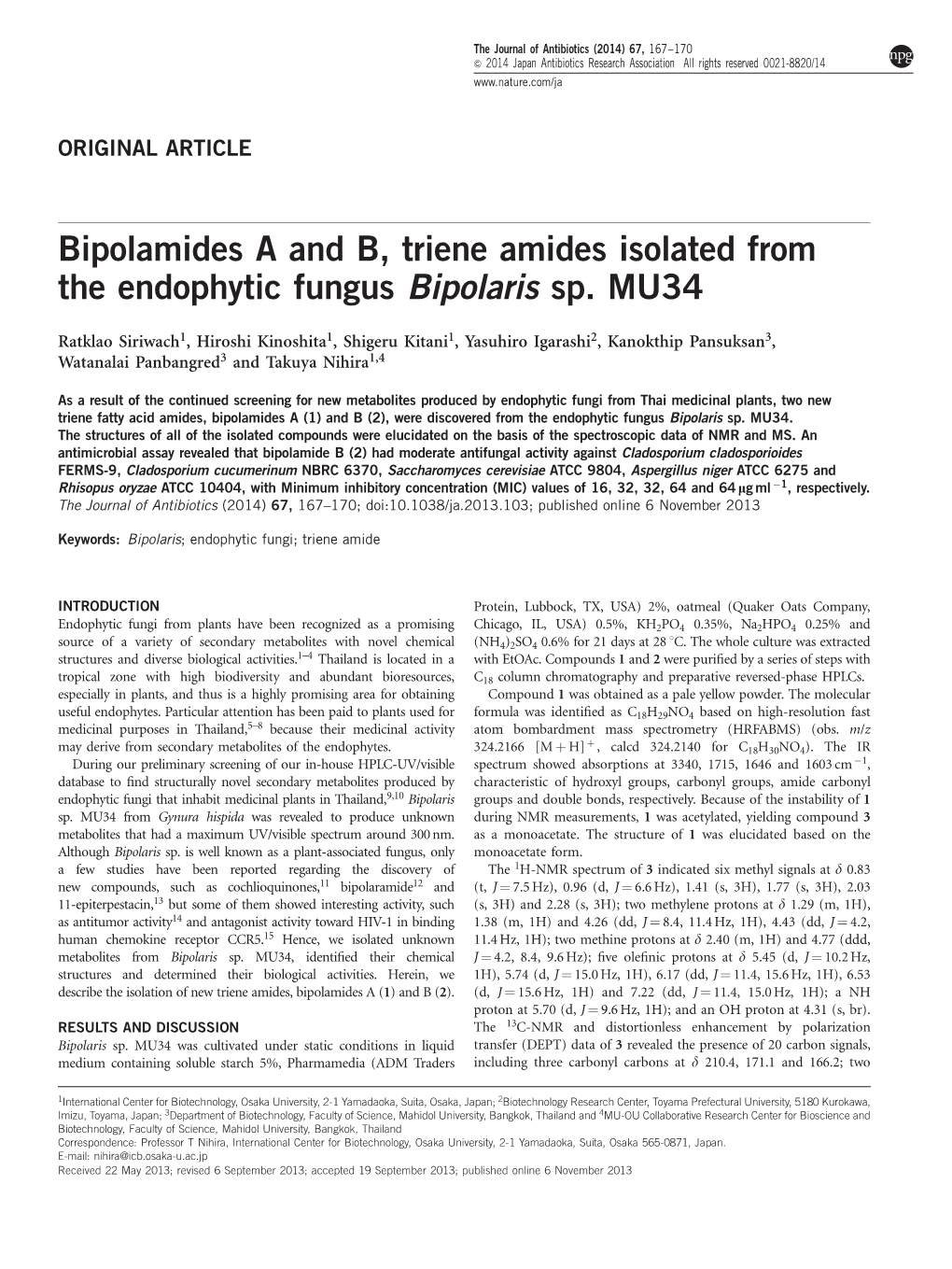 Bipolamides a and B, Triene Amides Isolated from the Endophytic Fungus Bipolaris Sp. MU34