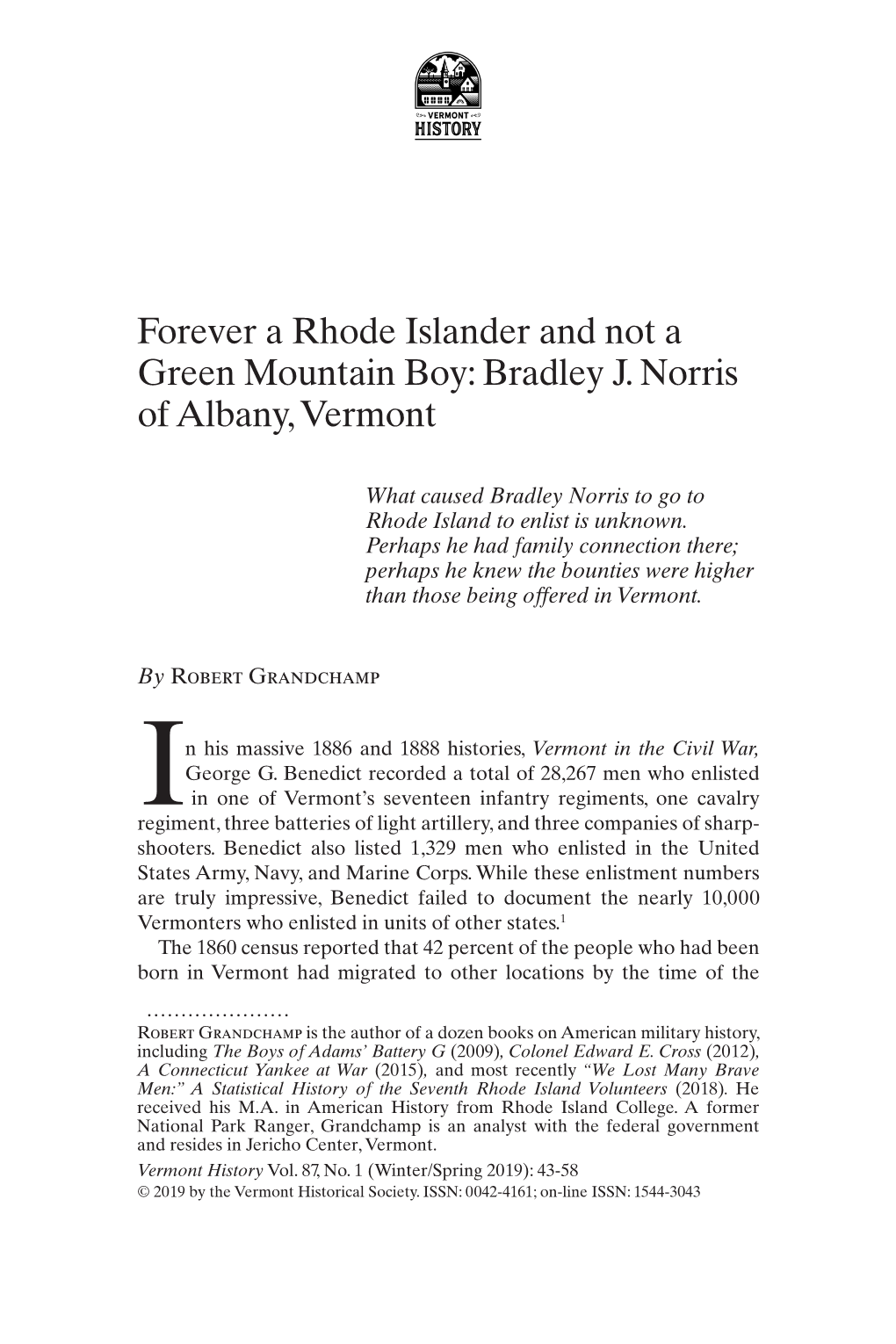 Forever a Rhode Islander and Not a Green Mountain Boy: Bradley J. Norris of Albany, Vermont