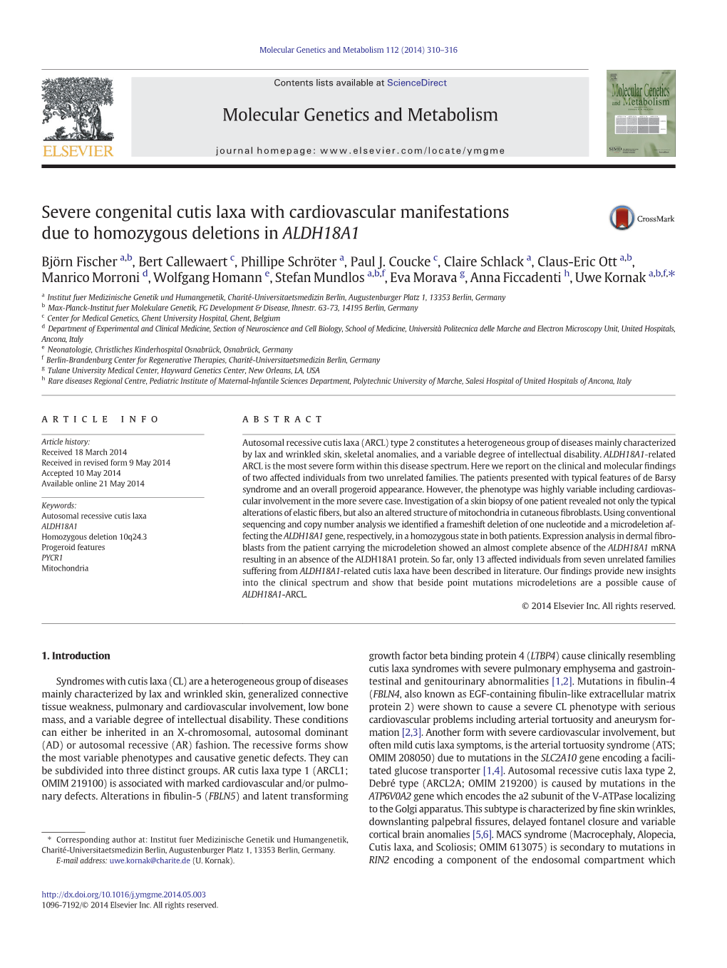 Severe Congenital Cutis Laxa with Cardiovascular Manifestations Due to Homozygous Deletions in ALDH18A1