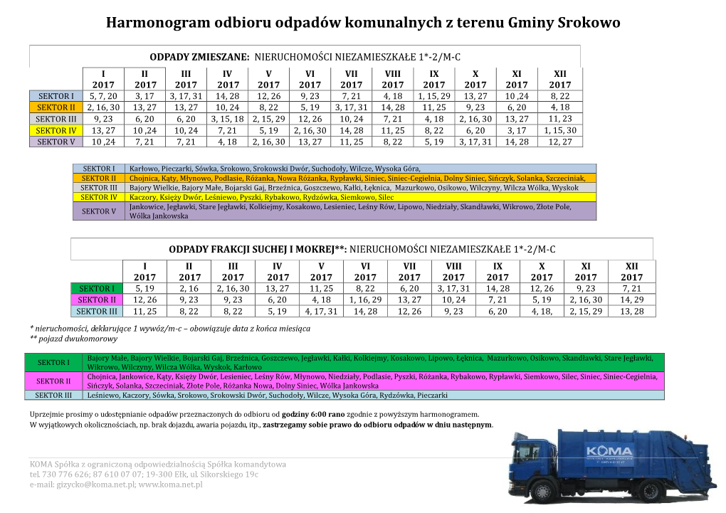 Harmonogram Odbioru Odpadów Komunalnych Z Terenu Gminy Srokowo