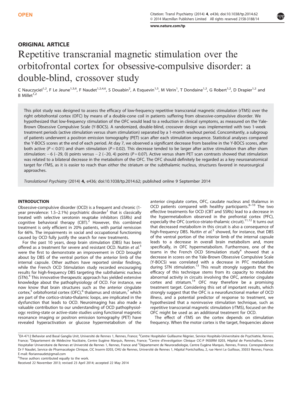 Repetitive Transcranial Magnetic Stimulation Over the Orbitofrontal Cortex for Obsessive-Compulsive Disorder: a Double-Blind, Crossover Study