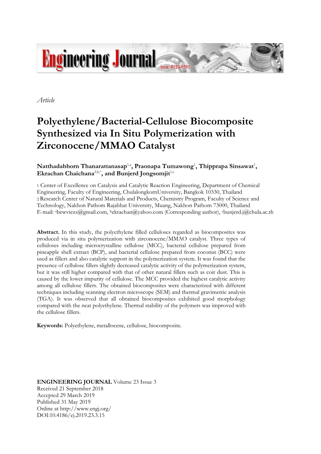 Polyethylene/Bacterial-Cellulose Biocomposite Synthesized Via in Situ Polymerization with Zirconocene/MMAO Catalyst