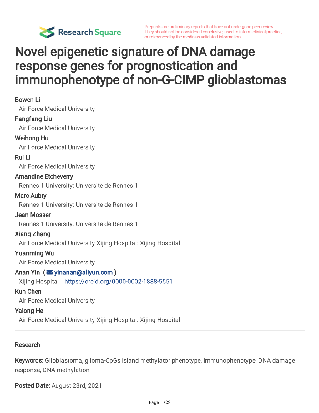 Novel Epigenetic Signature of DNA Damage Response Genes for Prognostication and Immunophenotype of Non-G-CIMP Glioblastomas
