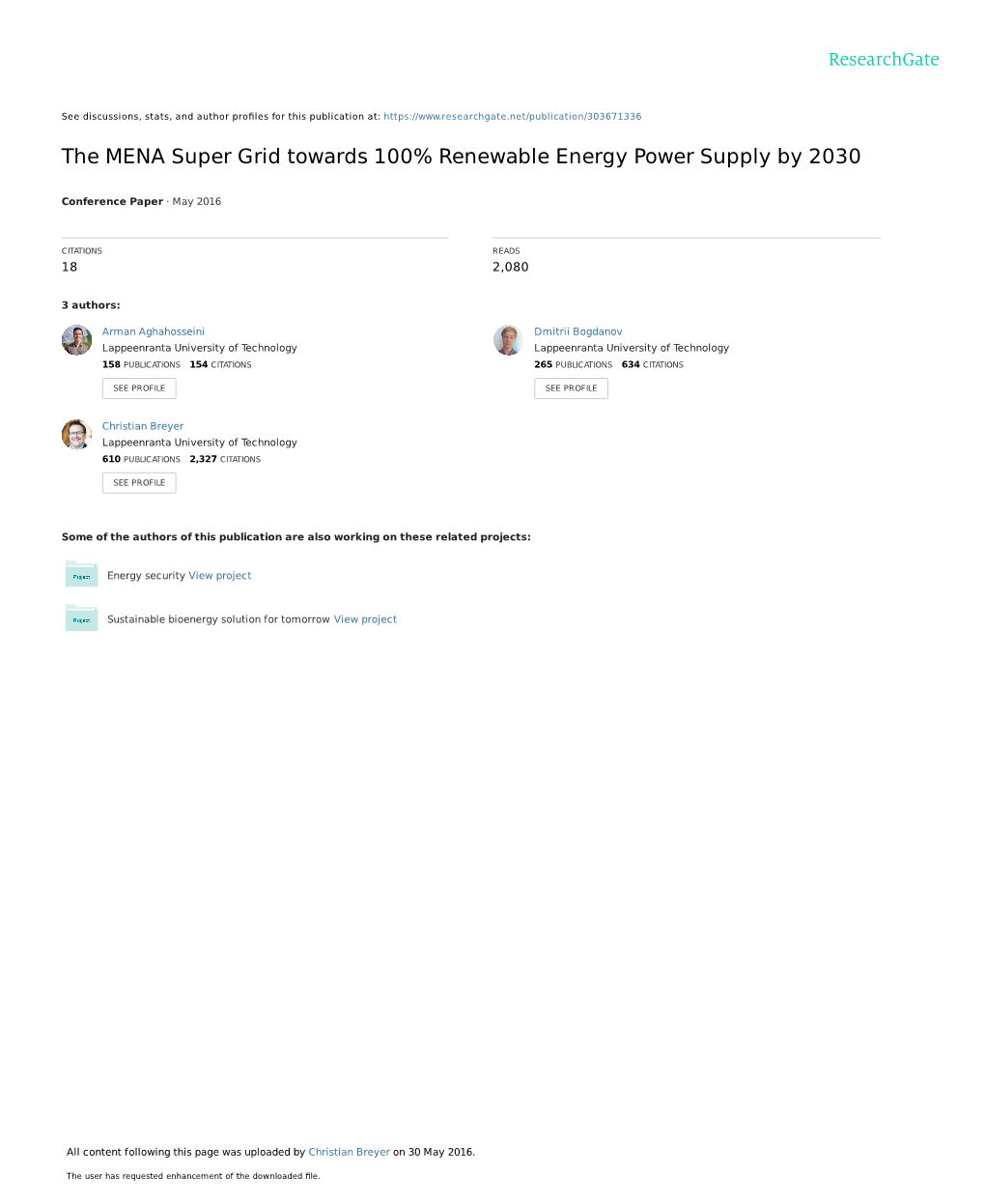 The MENA Super Grid Towards 100% Renewable Energy Power Supply by 2030