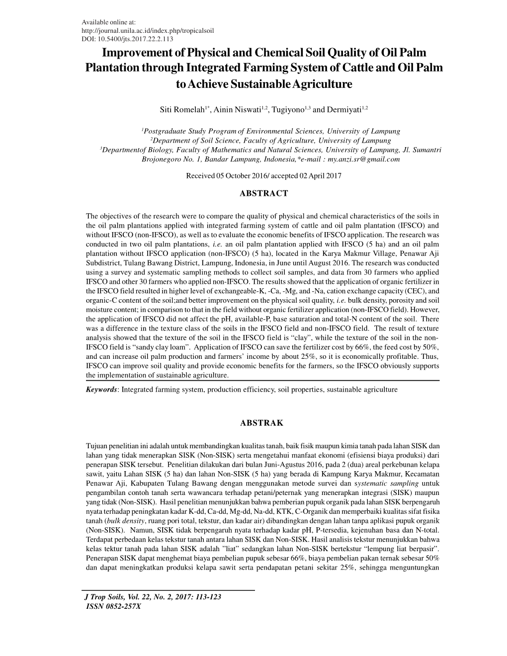 Improvement of Physical and Chemical Soil Quality of Oil Palm Plantation Through Integrated Farming System of Cattle and Oil Palm to Achieve Sustainable Agriculture