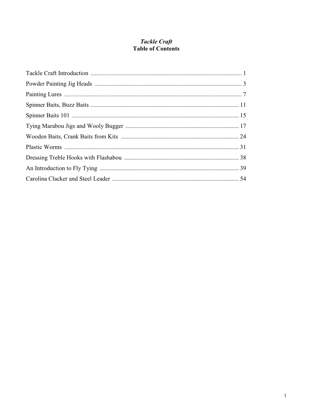 Tackle Craft Table of Contents