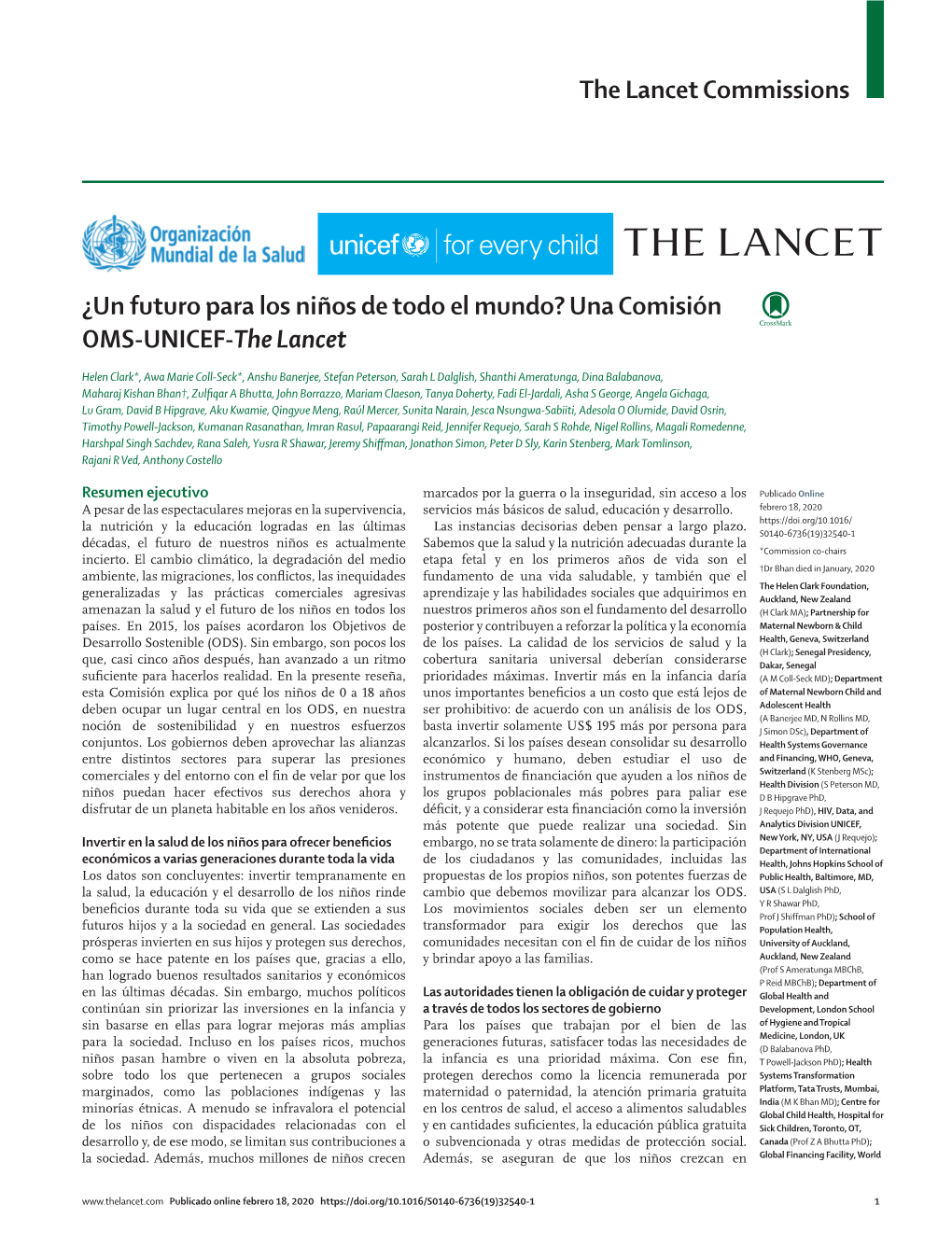 The Lancet Commissions ¿Un Futuro Para Los Niños De Todo El Mundo? Una Comisión OMS-UNICEF-The Lancet