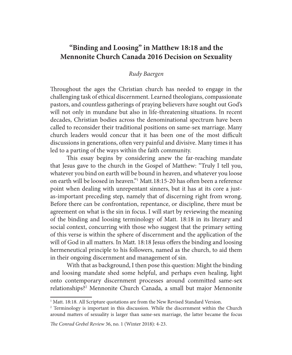 “Binding and Loosing” in Matthew 18:18 and the Mennonite Church Canada 2016 Decision on Sexuality