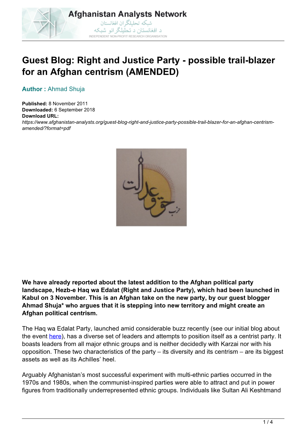 Right and Justice Party - Possible Trail-Blazer for an Afghan Centrism (AMENDED)