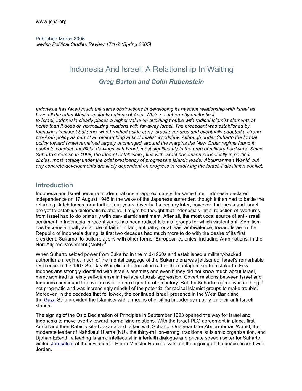 Indonesia and Israel: a Relationship in Waiting Greg Barton and Colin Rubenstein