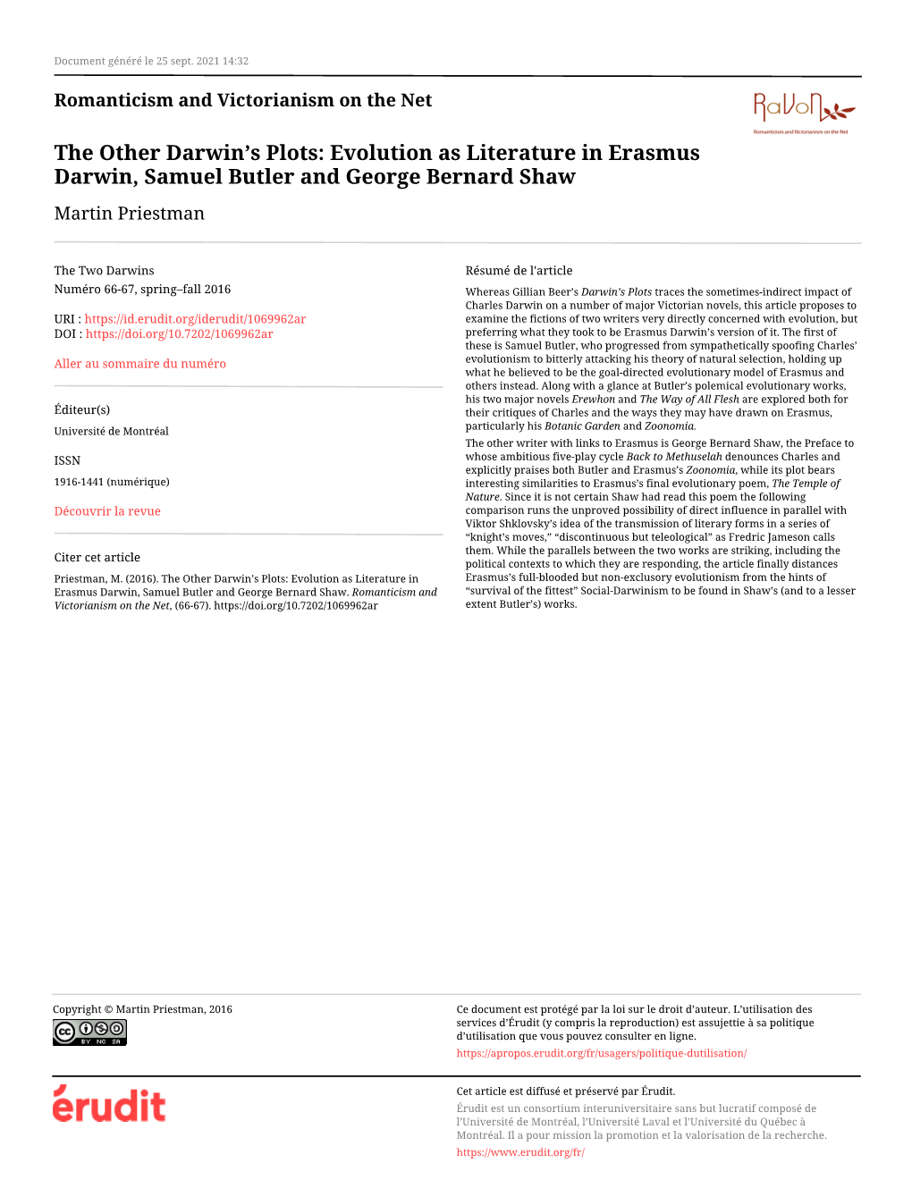 Evolution As Literature in Erasmus Darwin, Samuel Butler and George Bernard Shaw Martin Priestman