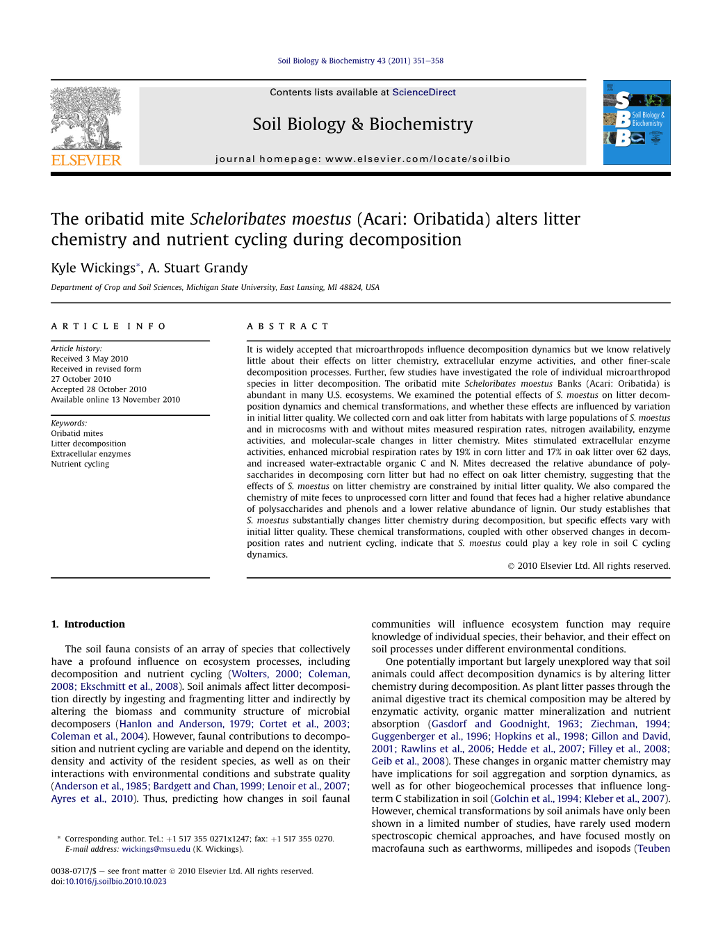 The Oribatid Mite Scheloribates Moestus (Acari: Oribatida) Alters Litter Chemistry and Nutrient Cycling During Decomposition