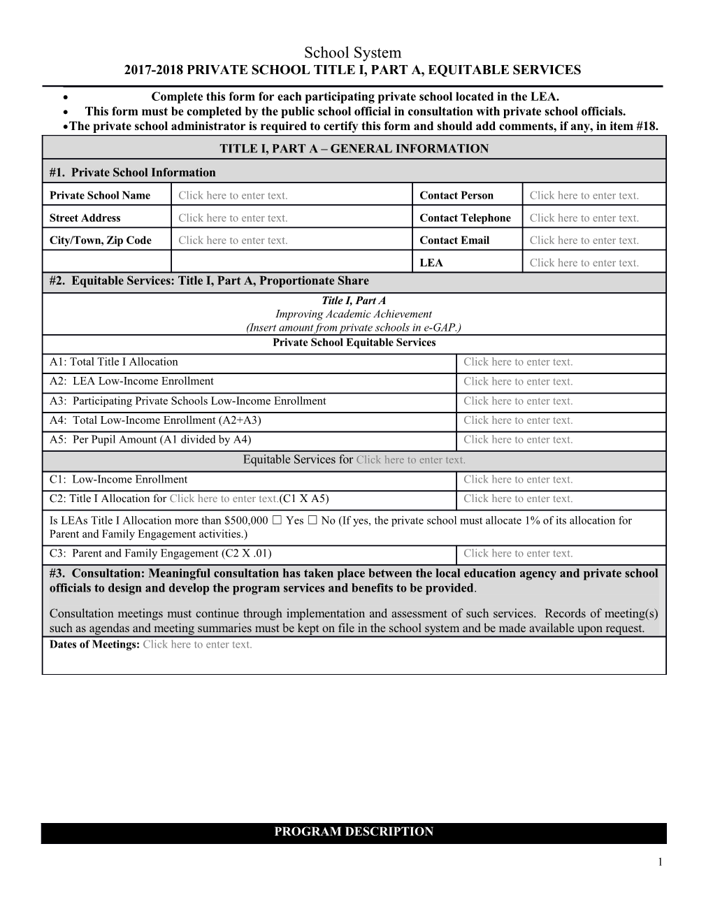 2017-2018 PRIVATE School Title I, PART A, Equitable Services