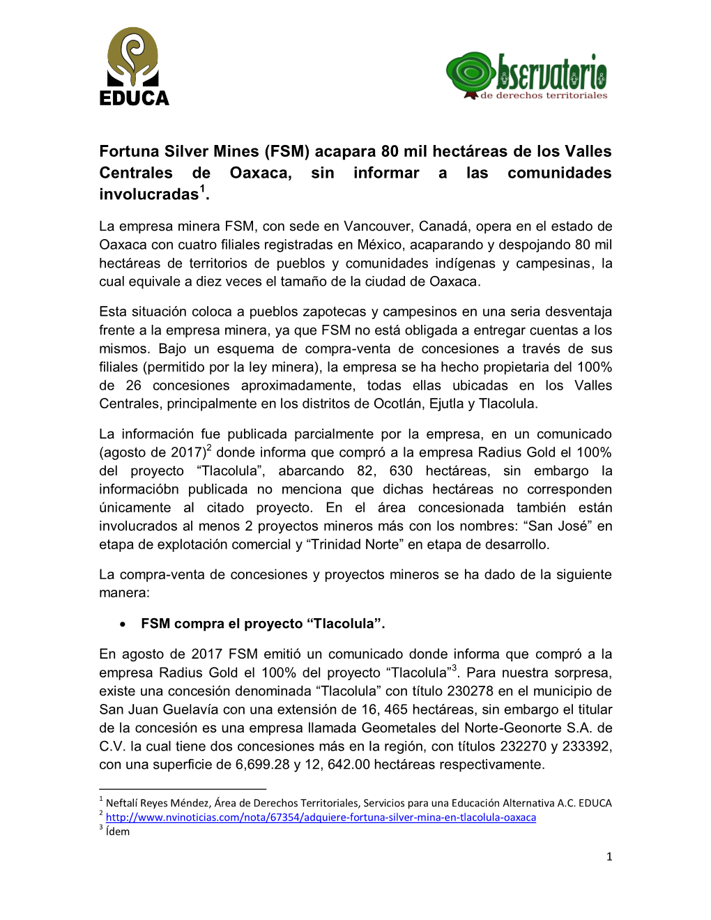 Fortuna Silver Mines (FSM) Acapara 80 Mil Hectáreas De Los Valles Centrales De Oaxaca, Sin Informar a Las Comunidades Involucradas1