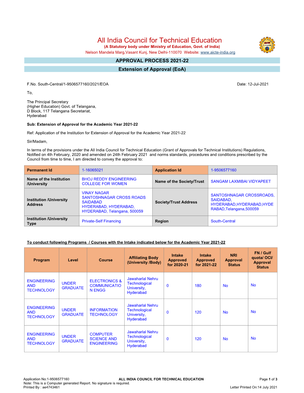 AICTE EOA Letter 2021-22