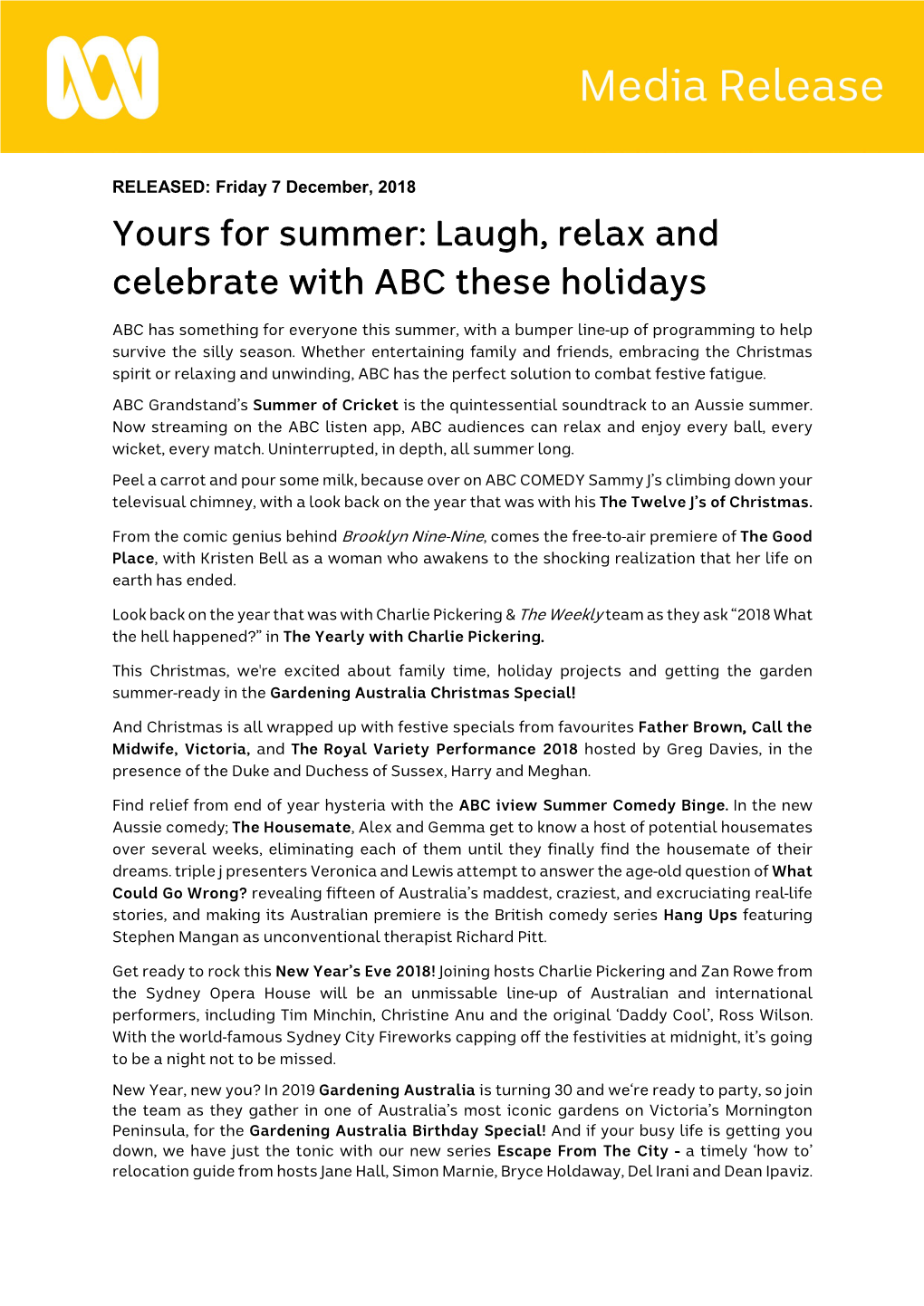 Yours for Summer: Laugh, Relax and Celebrate with ABC These Holidays