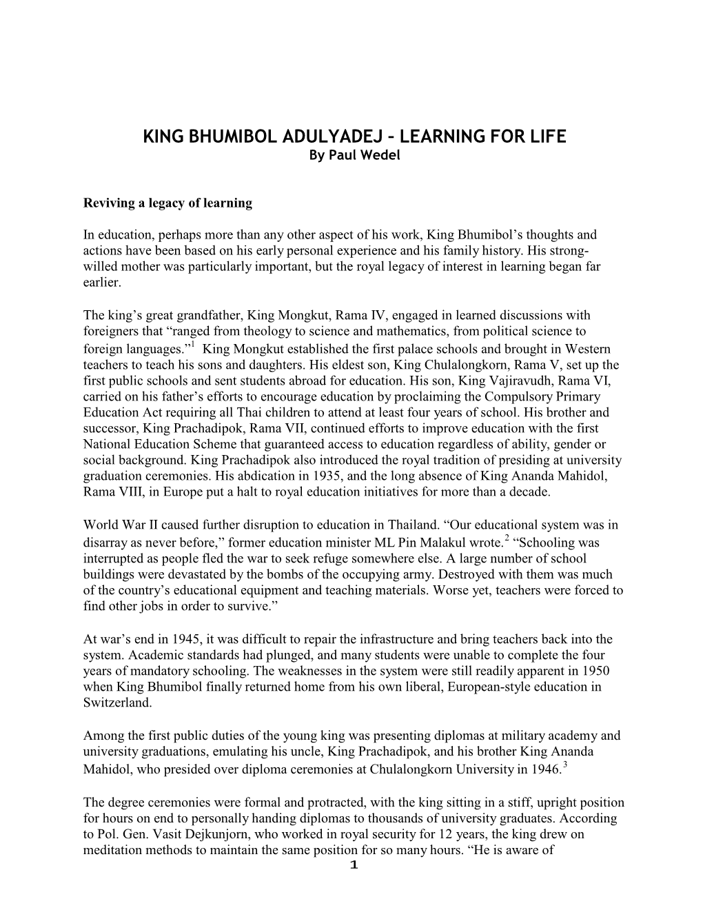 KING BHUMIBOL ADULYADEJ – LEARNING for LIFE by Paul Wedel