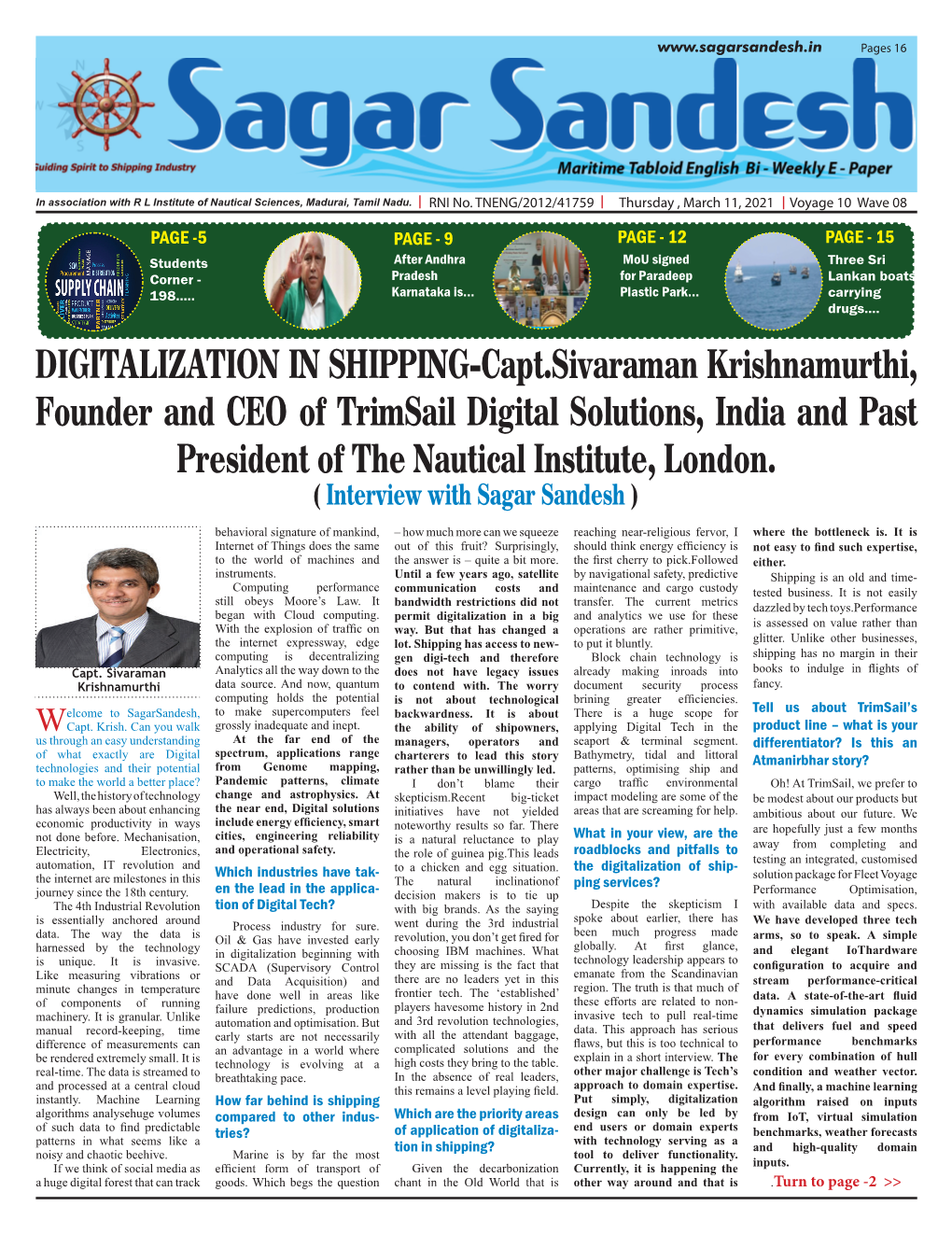 DIGITALIZATION in SHIPPING-Capt.Sivaraman Krishnamurthi, Founder and CEO of Trimsail Digital Solutions, India and Past President of the Nautical Institute, London