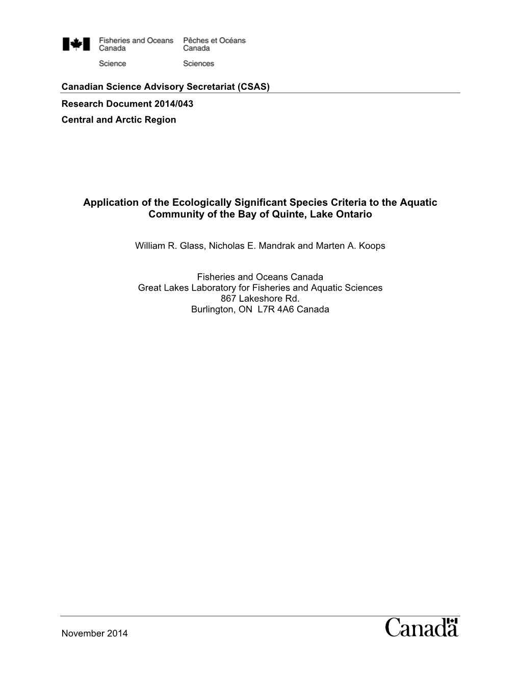 Application of the Ecologically Significant Species Criteria to the Aquatic Community of the Bay of Quinte, Lake Ontario
