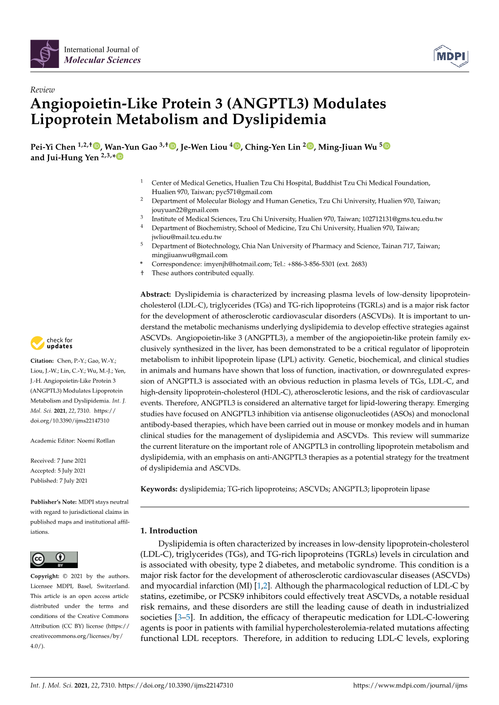 (ANGPTL3) Modulates Lipoprotein Metabolism and Dyslipidemia